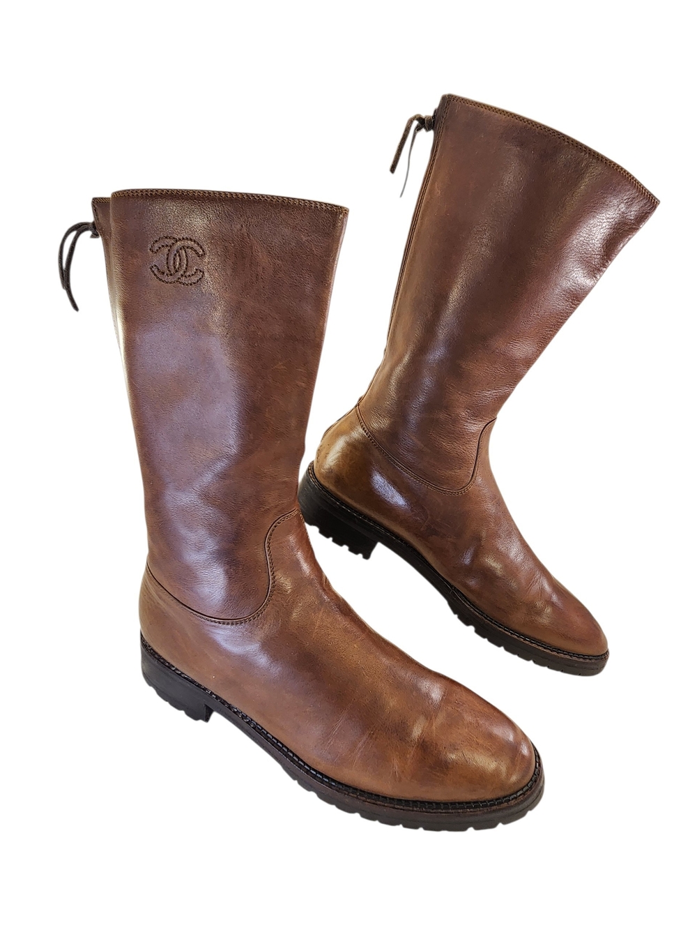 VINTAGE CHANEL WOMEN BROWN EQUESTRIAN BOOTS CC LOGO BACK ZIPPER SZ 39/8-8.5